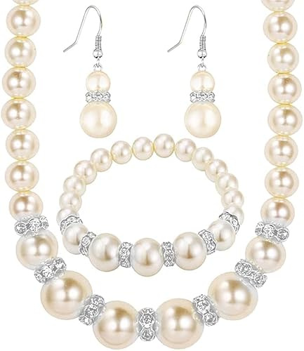 TOFBS Pearl Necklace Earrings Bracelet Jewellery Set Pearl Jewellery Set for Women Girls Bridal Weddings Party Birthday Anniversary Christmas Mothers Day Valentine's Day Gifts (Set 2)