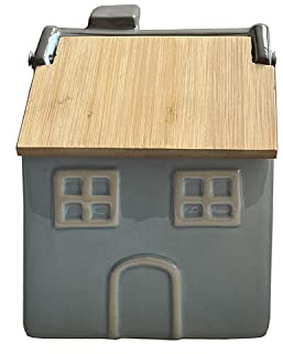 DRW Salero con Forma de casa en cerámica y Madera en Celeste y Natural 12x11x15cm