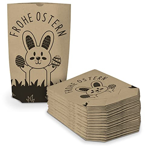 itenga 40 Stück Bedruckte Ostertüten zum Befüllen braun 17 x 26 cm mit Motiv Geschenktüte Ostern Osternest - Motivauswahl (Frohe Ostern - Hasenbande)