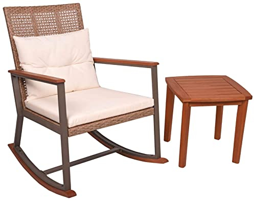 MSZ Design Schaukelstuhl Gartenstuhl Set SINOLA aus Stahl, Eukalyptus und Geflecht