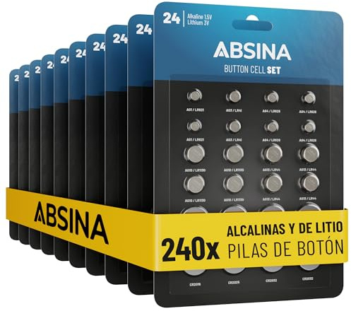 ABSINA Pack de 240 Pilas botón Alcalinas & Litio - 20x AG1 LR621, AG3 LR41, CR2016, CR2025 / 40x AG4 LR66, AG10 LR1130, AG13 LR44, CR2032 - Pila 1,5V & 3V - Baterías de botón