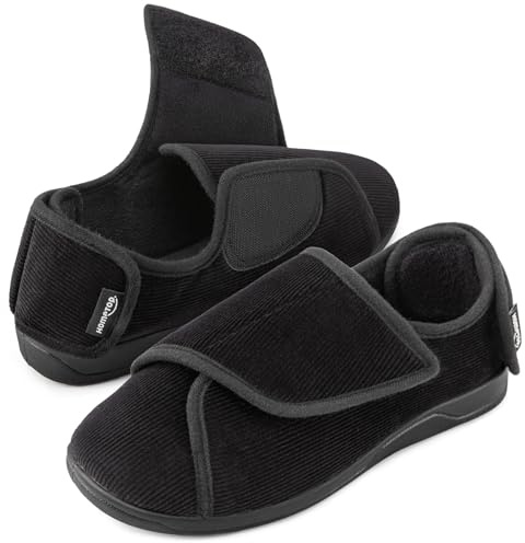 HomeTop Herren Cord Hausschuhe Bequem Verstellbar Haken und Schlaufe Memory Schaum Extra Breit Innen Pantoffeln für Diabetiker Senior mit Ödem Geschwollene Füße Schwarz, 46 EU