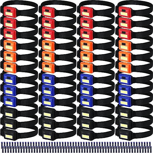 Kittmip Lot de 48 lampes de poche LED étanches multicolores | Lampe frontale en vrac, 800 lumens avec 3 modes, 144 piles AAA pour adulte, course à pied, camping, survie nocturne