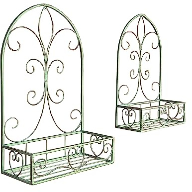 Alfie Francis Set of 2 Outdoor Wall Mounted Planters Metal Plant Pot Holders Decorative Garden Display Shelves Vintage Rustic Decor