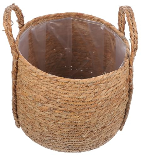 HAKIDZEL Panier Tressé Herbe Avec Anse Corbeille De Rangement Décorative Et Jardinière Intérieure Étanche Petit Panier à Fleurs Pour Décoration Maison Et Jardin