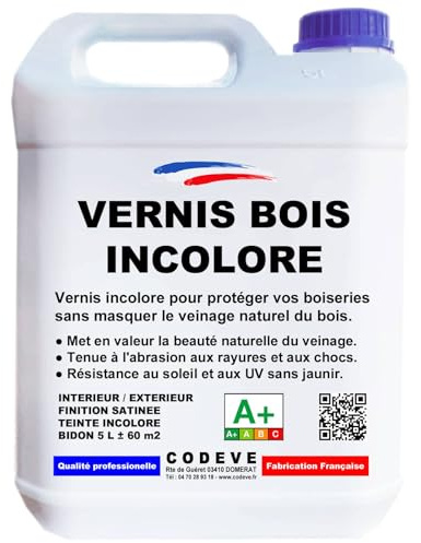 Vernis Bois Incolore - Codeve Bois - 5L - Intérieur/extérieur - Pour Garder La Transparence Des Veines Du Bois Sans Les Masquer.