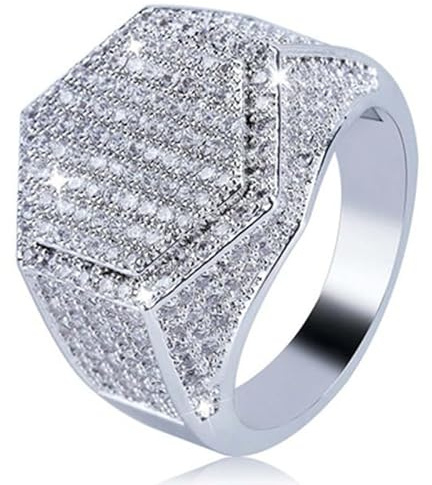 XRCXBLSC 925 Sterling Silver Full Diamond Ring Gift for Men, Hexagon Cut Cubic Zirconia Wedding Promise Ring, Eternity Engagement Rhinestone Unique Geometry Band Ring for Night Club Q