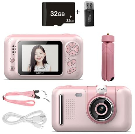 Fotocamera da 2,4 pollici con treppiede Scheda SD da 32 GB Fotocamera digitale HD 1080P Regalo di compleanno per selfie (rosa)