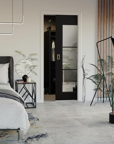 KIER FURNITURE Schiebetüren Evo Hugo Innen - Wandschiebetür - Toranlage aus Verzinktem Stahl - Universal Links und Rechts - Laminierte Spanplatte + Kassette und Rahmen 70cm, Schwarz