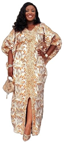 HD Robe Africaine Bubu à Paillettes avec Fente sur Le Devant pour Femme, Robe élégante Grande Taille, Champagne-36, Taille Unique