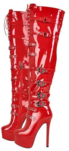 blingqueen Women's Platform Thigh High Boots with Zipper Lace Up Stiletto Heel Over The Knee High Boots