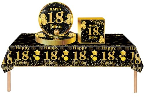 37pcs Black Gold 18th Birthday Decorations for Girls & Boys - Tablecloth, Paper Plates, Napkins & Serviettes for 18th Birthday Table Decorations