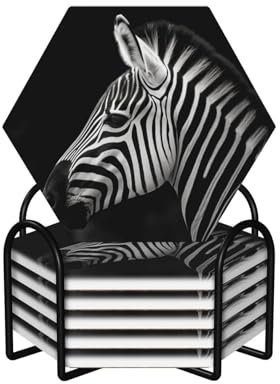 Untersetzer für Getränke, 6 Stück, rund, saugfähig, Keramik, rutschfest, Getränkeuntersetzer mit Halter und Korkboden, wiederverwendbare Tassenmatte, schwarz-weiß, Zebra-Tassenuntersetzer für Arten