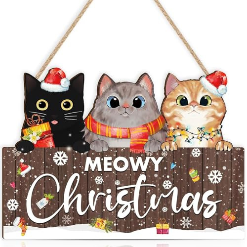 KAIRNE Cartel de Navidad, gatito de Navidad, cartel de madera, decoración de pared, gatito, decoración para salón, puerta de Navidad, cuadro de pared para habitación de los niños, fiesta de invierno,