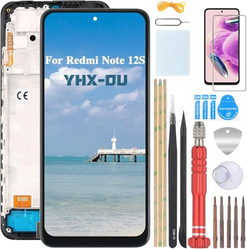 YHX-OU 6.43 Schwarz+Rahmen Display Für Xiaomi Redmi Note 12S 2303CRA44A, 23030RAC7Y, 2303ERA42L LCD Display Touchscreen Ersatz Bildschirm Glas Assembly mit Werkzeug + 1 Stück Schutzfolie
