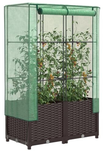 Xichuzi Hochbeet mit Gewächshaus-Aufsatz Rattan-Optik 80x40x138 cm, Palettenrahmen, Hochteich, Gemüsebeet, Kräuterregal Balkon, Blumenbeet, Kräuterspirale, Tomatenbeet, Pflanzhochbeet - 4015800