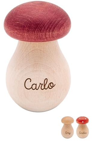 wunderwunsch® - Personalisierter Nussknacker Pilz mit Gravur aus Holz Pilze Deko - Nussknacker Walnüsse - Nussknacker Deko oder Adventskalender Füllung (mit Name,Braun Weiß)