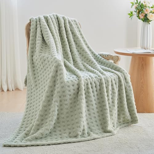 Wajade Kuscheldecke Flauschig Kunstfelldecke Decke Sofa Waffel Sofaüberwurf warm Sofadecke Comfort Couchdecke weiche Wohndecke für Couch und Bett 127 x 178 cm Sage Green