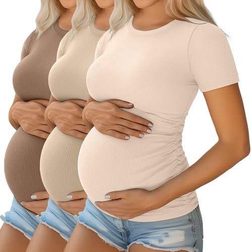Ficerd Pacco da 3 Maglie maternità Donna in Cotone: Top Gravidanza a Maniche Corte, con Pieghe Laterali e Tessuto a Costine(caffè Chiaro, Cachi, Albicocca,S)