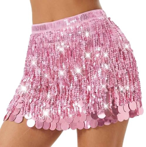 Reaky Jupe à Paillettes Rouges, Costume de sirène Scintillant, Jupes de Danse du Ventre pour Femmes (FR/ES, Alpha/Lettres, Taille Unique, Taille Normale, Taille Normale, Rose)