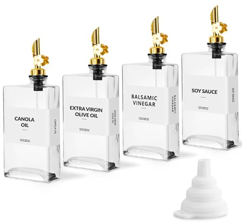 Skleptix 4-pack glasflaska för olivolja, köksflaska med plommonformad automatiskt öppnande hällare, set med olje- och vinägerdispenser med silikontratt & 40 vattentäta etiketter (transparent, 350 ml