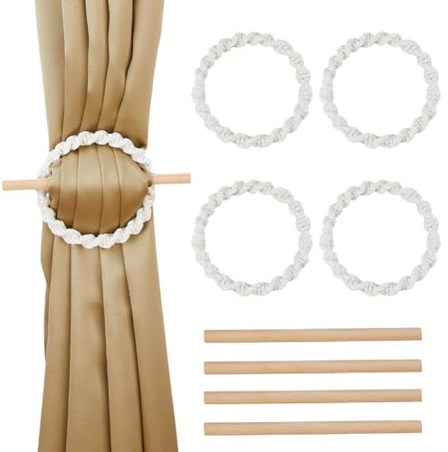DICOSMETIC Juego de 4 soportes creativos para cortinas bohemios, rústicos, decorativos, con palo de madera, para decoración de hogar, exterior, dormitorio y oficina