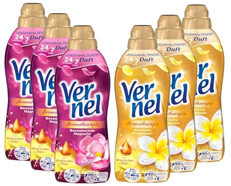 Vernel Weichspüler 6er Set – 3x Bezaubernde Magnolie & 3x Sinnliche Frangipani (je 37 Waschladungen) – Langanhaltender Duft mit ätherischen Ölen & recycelbarer Flasche