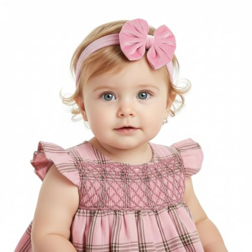 Fascetta capelli neonata rosa con fiocco in velluto (da 3 a 18 mesi) (Rosa confetto, Da 3 a 18 mesi)