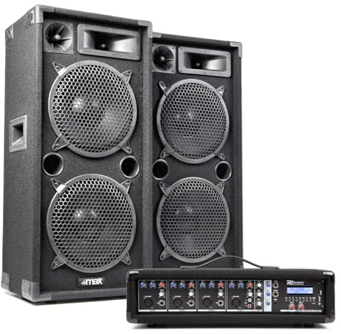 MAX210 Dual 10 Passive Speaker PA System with PDM-C405A Mixer – Complete Band PA Solution – Bluetooth, 800W 4-Channel Mixer Amp, Heavy-Duty Cables, Perfect for Church, Singers, DJs, Events