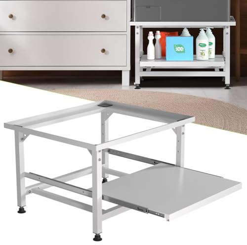 Eikuavons Waschmaschinen Untergestell 42cm mit Ausziehbarem Regal, Höhenverstellbare Füße, Geräuschdämpfung, 3-stufige Auszugsschublade, 150kg Tragfähigkeit, Weiß