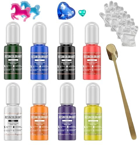 Epoxidharz Farbe Set,8 Farben Flüssiges Epoxid Harz Pigment Farbstoff Für Kunstharz,Kräftig Und Lebendig, Resin Farbe Für Handwerk, Schmuck, Malerei- Je 10 Ml Enthält 4 Paar Handschuhe + Mischstab
