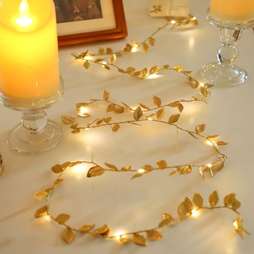Larfraecy 50 Warm White Micro LED Gold Leaf String Lights Battery Operated,5m Gold Ivy Fairy Lights Garland for Bedroom Christmas Wall Decorations Home Table Decor Wedding Party Outdoor&Indoor Decor