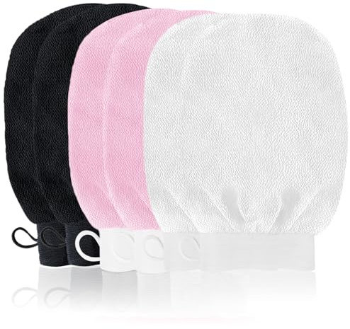 URAQT Exfolierande handske, kit med 6 exfolierande handskar, skrubbhandskar för män och kvinnor, naturlig och effektiv skrubb, för dusch, kropp (svart + rosa + vit)