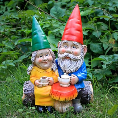 Garden Gnome Statue Outdoor Ornaments, Romantic Couple Drinking Coffee Figurine for Patio Yard Lawn Decor, Weather,Resistant Sculptures, Ideal Anniversary Valentines Birthday Gifts Forever Love