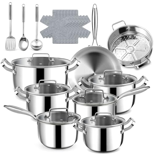 Fruikit 24P Stainless Steel Pots and Pans Set - 3 Ply 30 cm Frying pan- 18/20 cm Saucepans & 18/20/22/26 cm Casserole with Steamer - Suitable for All Hob Types