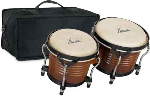 XDrum Bongos Pro Tobacco Set inkl. Bongotasche, Bongogrößen: 6, 5 (20 cm) | 2 Trommeln (macho und hembra), 5 (17 cm) und 7, 5 (20 cm), Naturfelle, Holz: Birke, Verchromte Spannschrauben, 2 kg