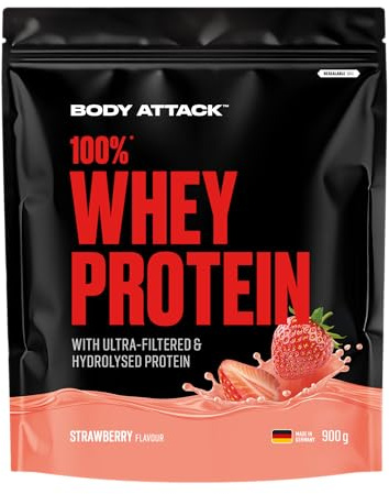 Body Attack 100% Whey Protein - Strawberry, 900 g - Made in Germany - extra cremiges Eiweißpulver mit Hydrolysat und BCAA´s, unterstützt Muskelaufbau und Diäten, für alle Sportler & Athleten | cremiges Eiweißpulver mit Hydrolysat und BCAA´s, unterstützt Muskelaufbau und Diäten, Made in Germany