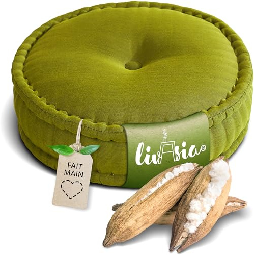 Livasia Coussin de méditation - Ø 45x15cm - Pouf uni, Coussin de Yoga kapok, Coussin de Sol Yoga méditation Zen, Coussin d’Assise Jardin Balcon, Coussin zafu Fait Main (Vert Uni)