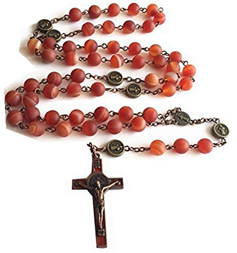 elegantmedical HANDMADE Rare Persian Red Agate Bead St. Benedict catholic Rosary Necklace cross GIFT BOX