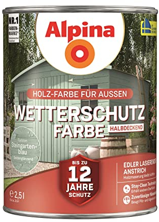 Alpina Holz-Wetterschutz-Farben – Steingartenblau, halbdeckend – bis zu 12 Jahre Schutz vor Witterung und Nässe – schmutzabweisend, halbdeckend & ergiebig – 2,5 L