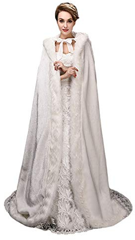 Ommda Donna Invernale Cerimonia Lungo Scialle Stola Mantello Elegante Sposa di Pelliccia Finta,Bianco Avorio,