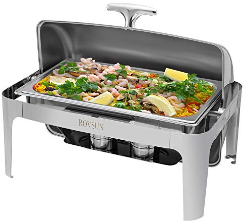 ROVSUN Chafing Dish Buffet Set, 9 Quart Roll Top Stainless Steel Chafer, NSF Rectangular Set with Food Pan, Water Pan and Fuel Holders, for Wedding, Parties, Banquet, Catering Events