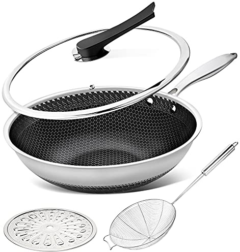 MICHELANGELO 30cm Wok with Lid, Stainless Steel Wok Non Stick, Non Stick Woks & Stir-Fry Pans with Honeycomb Coating, Large Wok 30cm, Induction Wok Set, 4 Piece