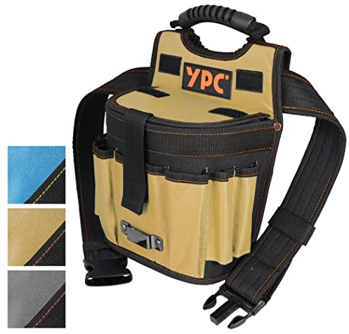 YPC Rapid Werkzeug Gürteltasche XXL – Profi Werkzeuggürtel, Großer Arbeitsgürtel, wasserfeste Werkzeugtasche mit Schlaufen, reißfest, Tragegriff, 11 Taschen, Sand-Schwarz, 29x20x13cm – 5 kg Tragkraft