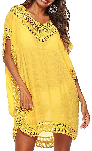 Women Swimsuit Cover Ups Beachwear Hollow Out V-Neck Short Sleeve Crochet Dress Bikini Swimsuit