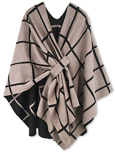 Hikaro Damen-Poncho-Umhang, modisch, wendbar, übergroß, Schal, Wickeltuch, elegante Strickjacke, kreativer Mantel, Khaki Schwarz, Einheitsgröße