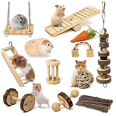 MYSUNBAR Hamster-Kauspielzeug, 12 Stück, natürliches Holz, Kiefernholz, Meerschweinchen, Spielzeug, Ratten, Chinchillas, Spielzeug, Zubehör, Hanteln, Trainingsglocke, Roller, Zahnpflege