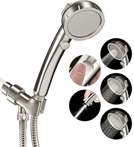 JONKEAN Hochdruck-Duschkopf mit 3 Einstellungen, Wassersparender Handbrause mit Schlauch und Ein-Aus-Schalter, Abnehmbare Duschköpfe mit Schlauch und winkelverstellbarer Halterung (gebürstetes Nickel)