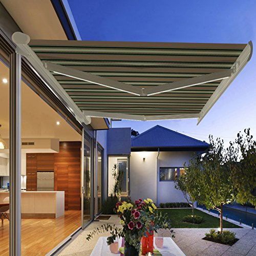 Green Bay Multi-stripe Full Cassette Electric Awning Remote Controlled Garden Patio Sun Shade Shelter With LED Light Kit - 4.5x3M