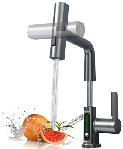 Wasserhahn Küche Ausziehbar mit LED Temperaturanzeige,3 Modus,Pistolengrau | Küchenarmatur Wasserfall, Einhebel Mischbatterie 360° Drehbar Spültischarmatur Küche Armatur Hochdruck, Höhenverstellbar